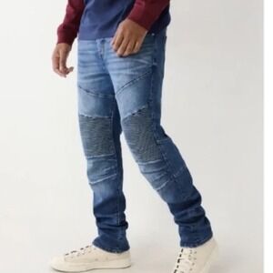 True Religion Rocco Relaxed Skinny Moto Biker Jeans Blue W38 L32 New With Tags
